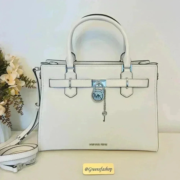 Michael Kors Purse Hamilton Medium Leather Satchel Optic white - Picture 2 of 9